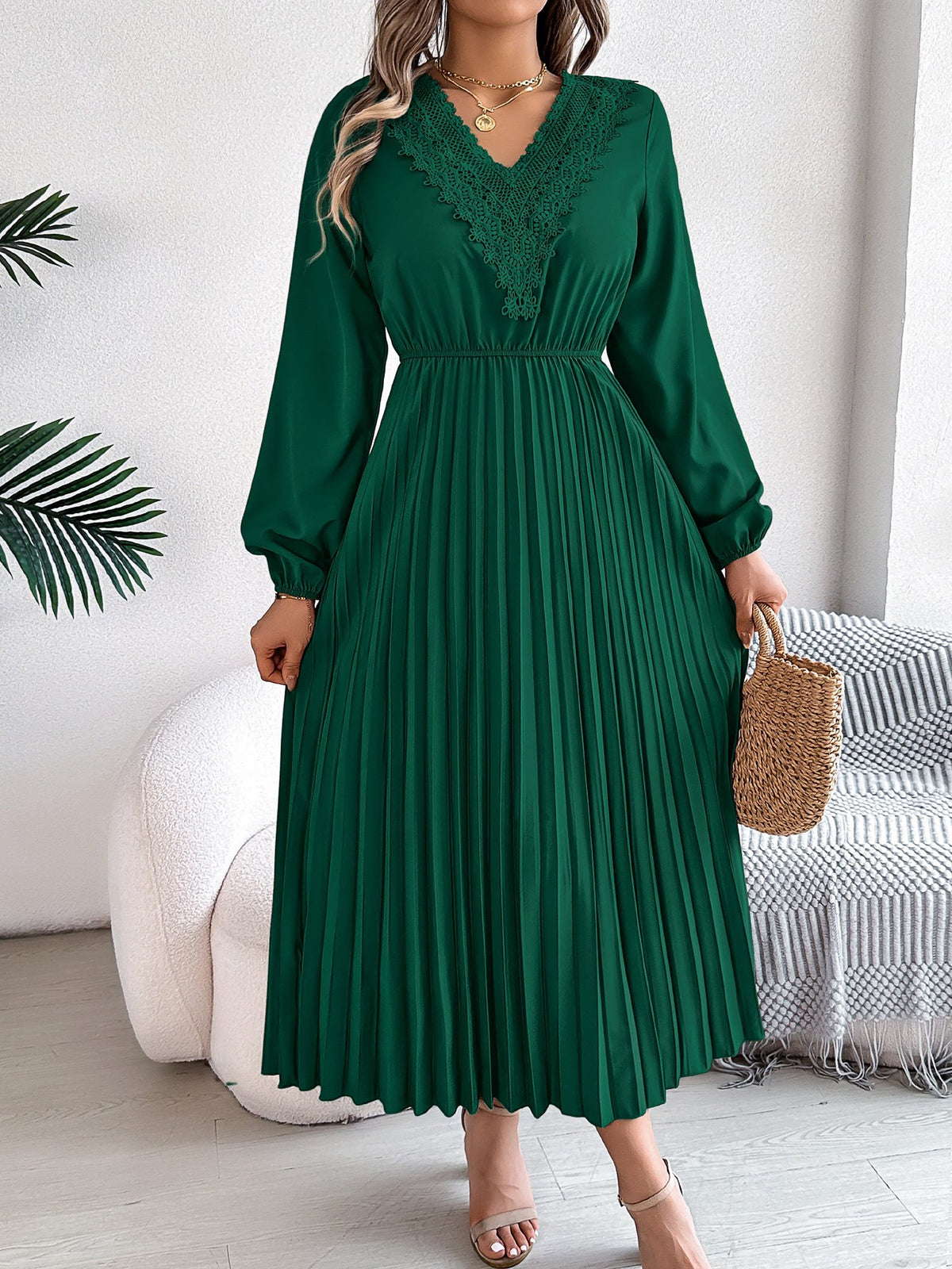 Lace V Neck Puff Long Sleeves Pleated A-Line Dress