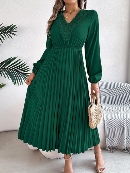 Lace V Neck Puff Long Sleeves Pleated A-Line Dress
