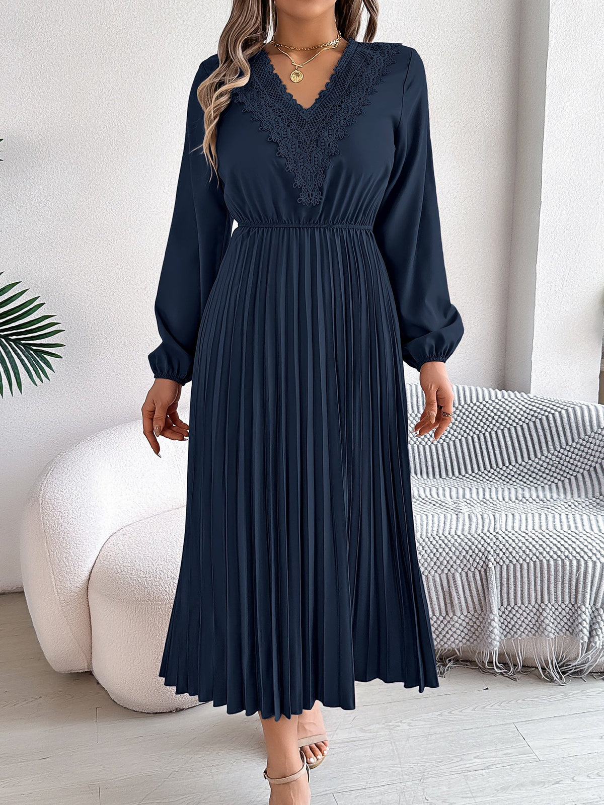 Lace V Neck Puff Long Sleeves Pleated A-Line Dress