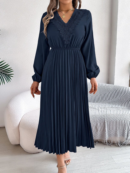 Lace V Neck Puff Long Sleeves Pleated A-Line Dress