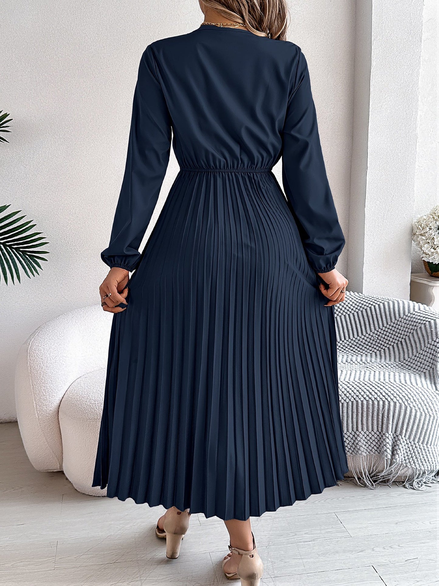 Lace V Neck Puff Long Sleeves Pleated A-Line Dress
