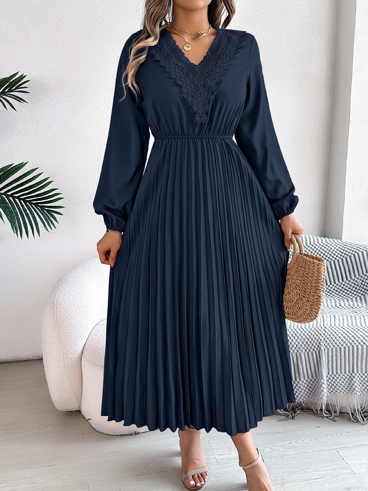 Lace V Neck Puff Long Sleeves Pleated A-Line Dress