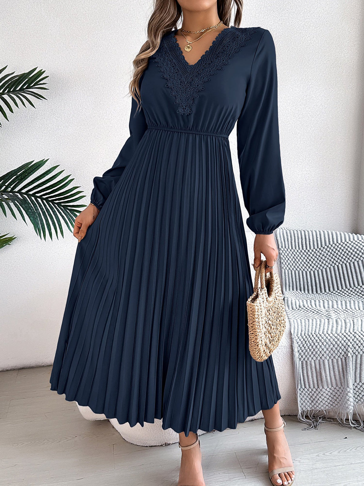 Lace V Neck Puff Long Sleeves Pleated A-Line Dress