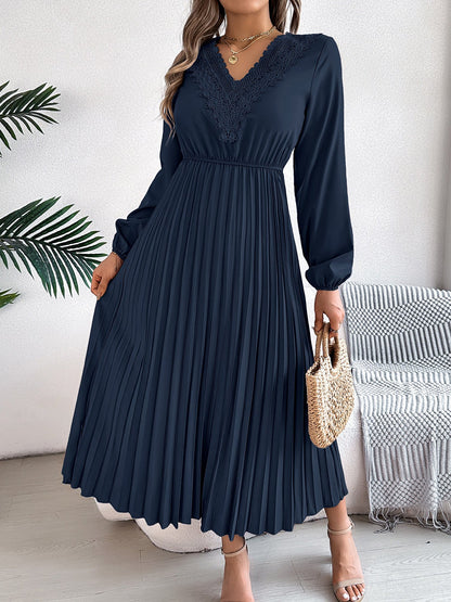 Lace V Neck Puff Long Sleeves Pleated A-Line Dress