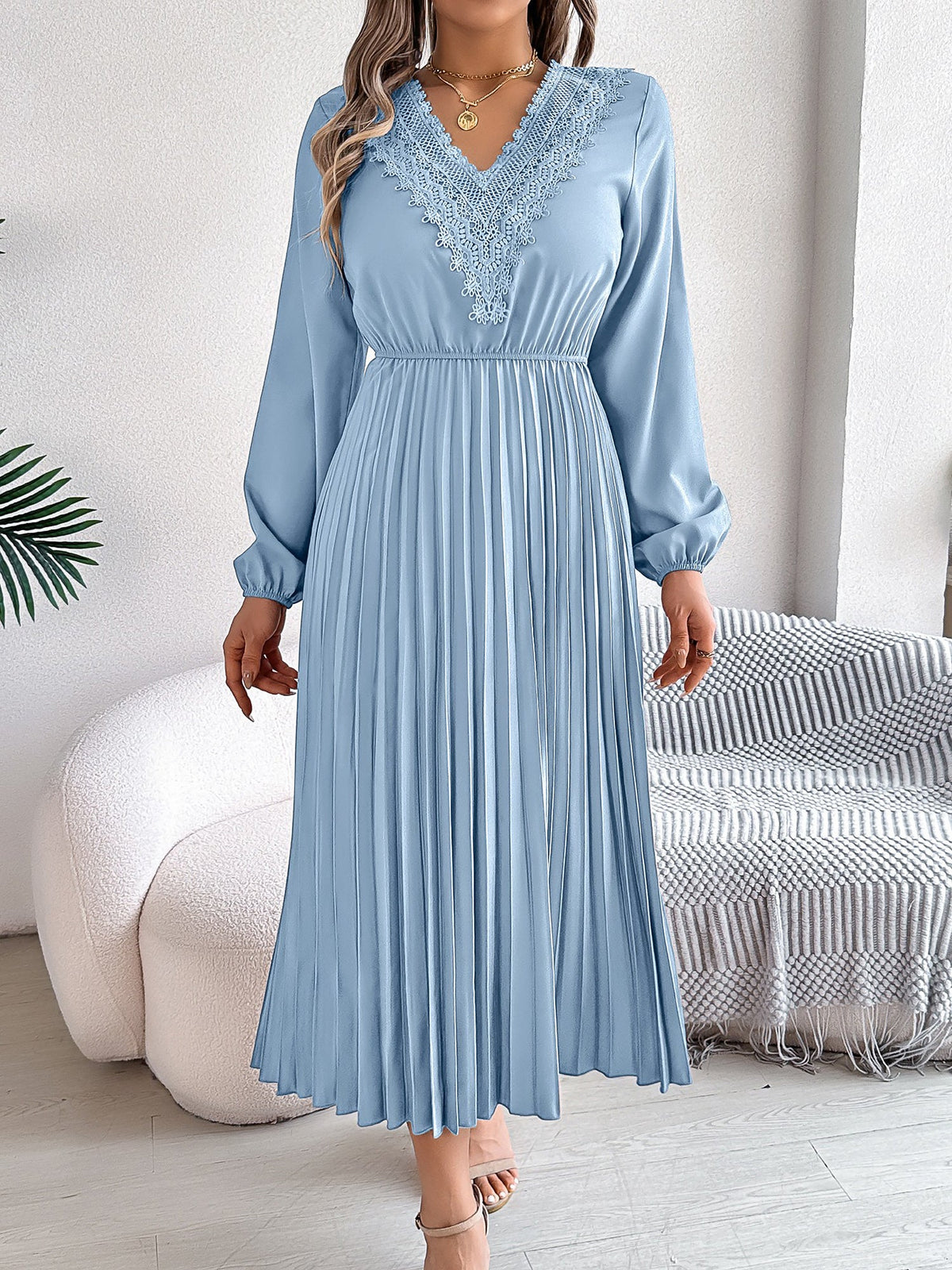 Lace V Neck Puff Long Sleeves Pleated A-Line Dress