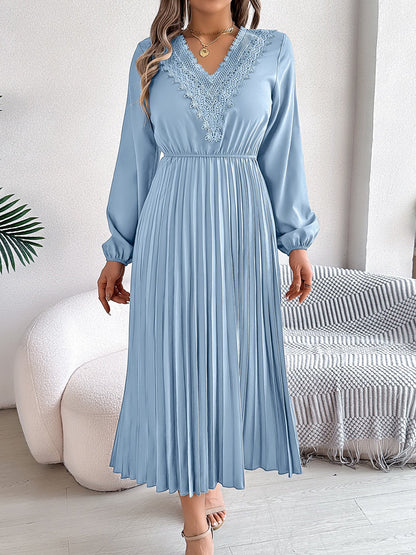 Lace V Neck Puff Long Sleeves Pleated A-Line Dress