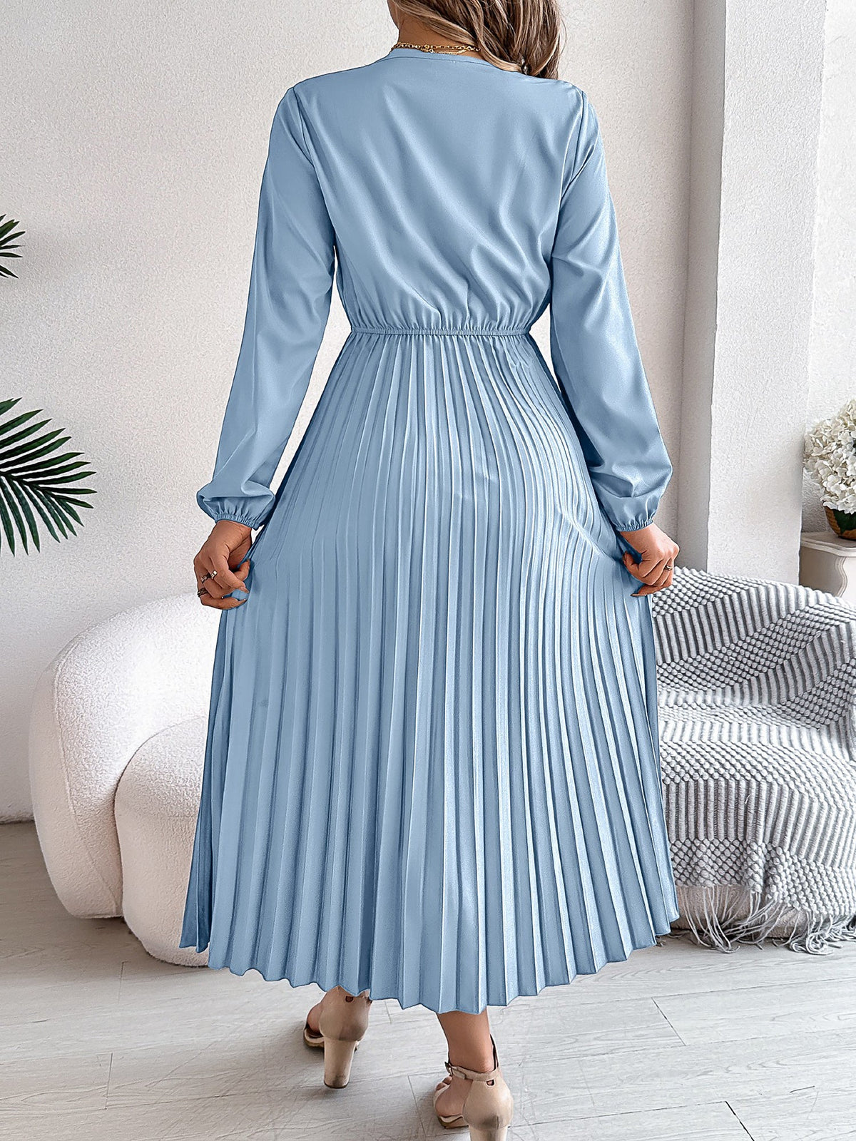 Lace V Neck Puff Long Sleeves Pleated A-Line Dress