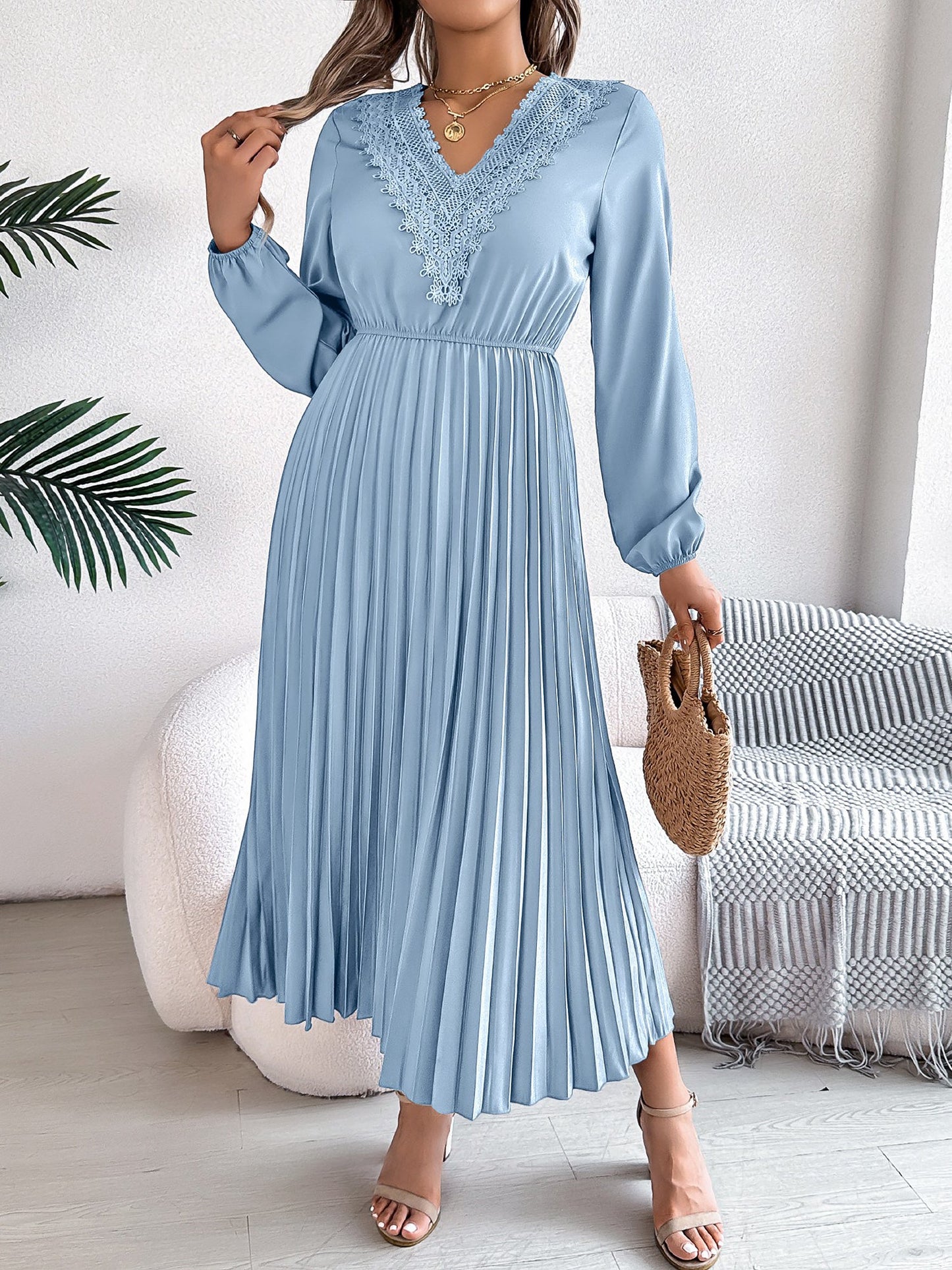 Lace V Neck Puff Long Sleeves Pleated A-Line Dress