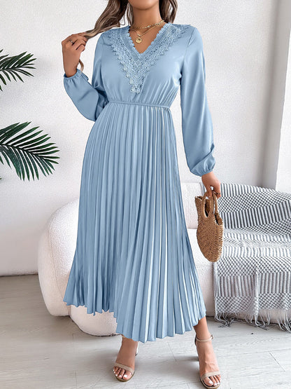 Lace V Neck Puff Long Sleeves Pleated A-Line Dress