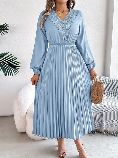 Lace V Neck Puff Long Sleeves Pleated A-Line Dress