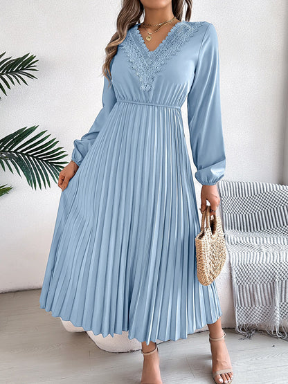 Lace V Neck Puff Long Sleeves Pleated A-Line Dress