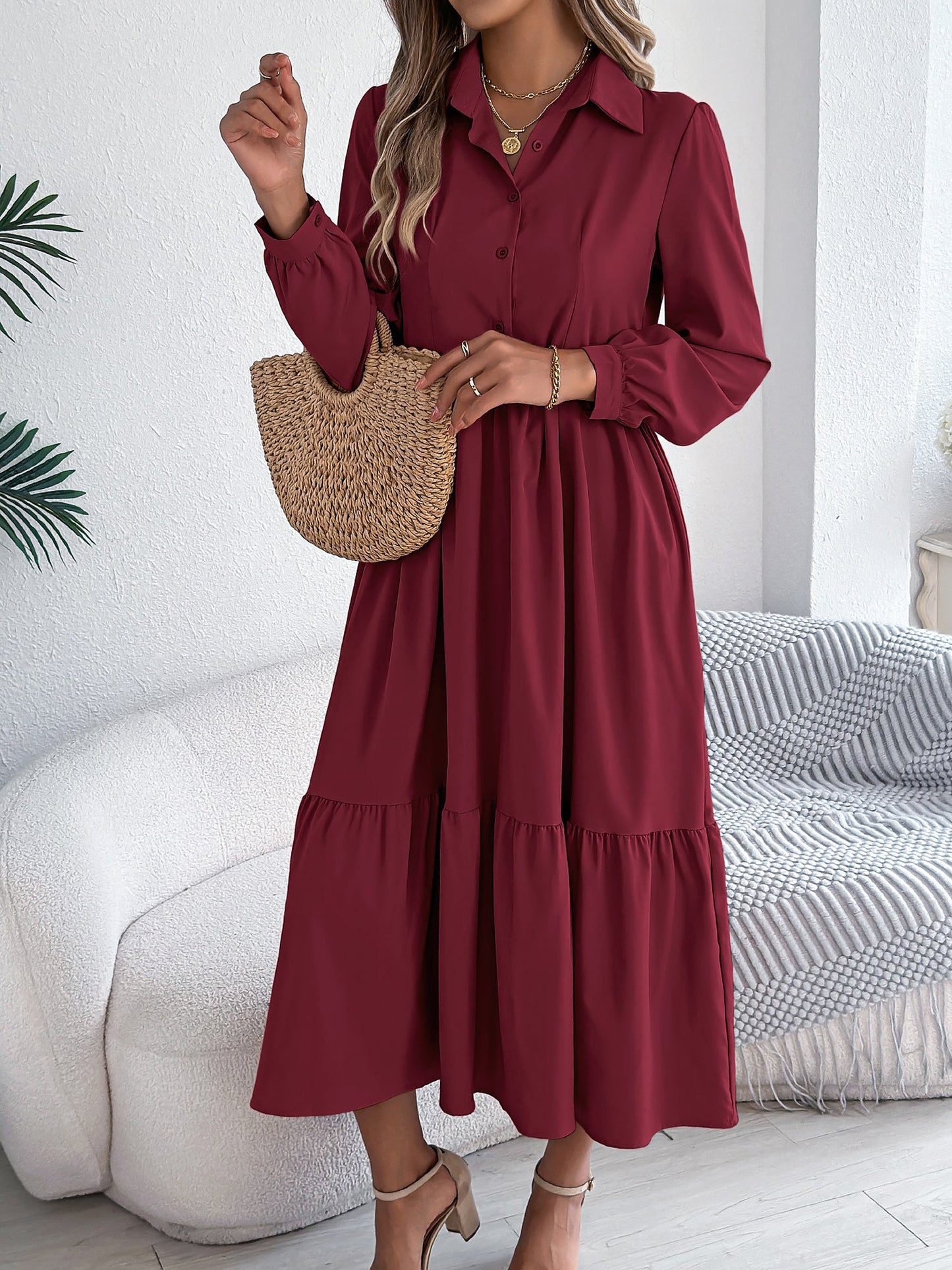 Lapel Button Down Long Sleeves Tiered Shirt Dress