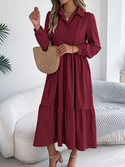 Lapel Button Down Long Sleeves Tiered Shirt Dress