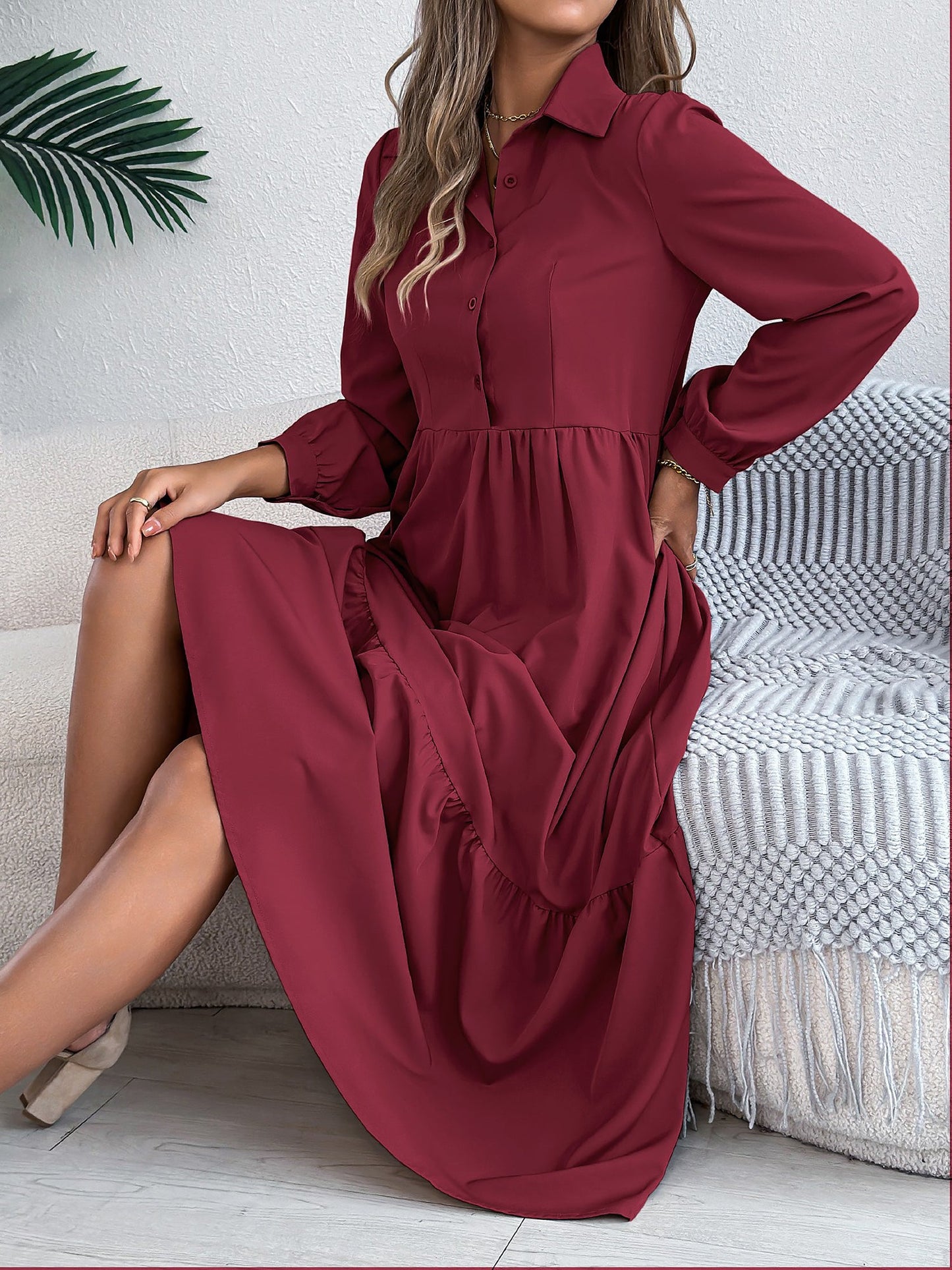 Lapel Button Down Long Sleeves Tiered Shirt Dress