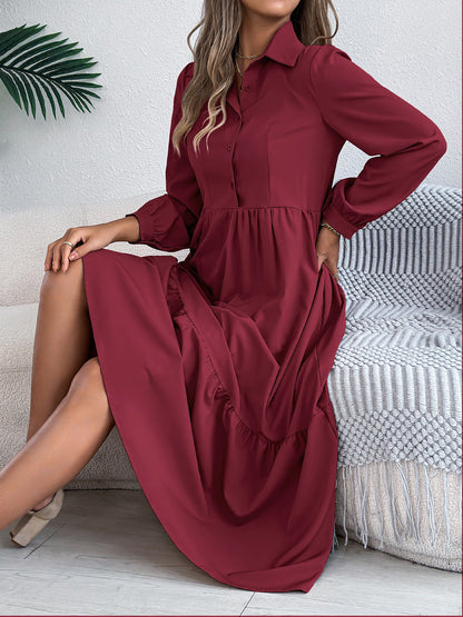 Lapel Button Down Long Sleeves Tiered Shirt Dress