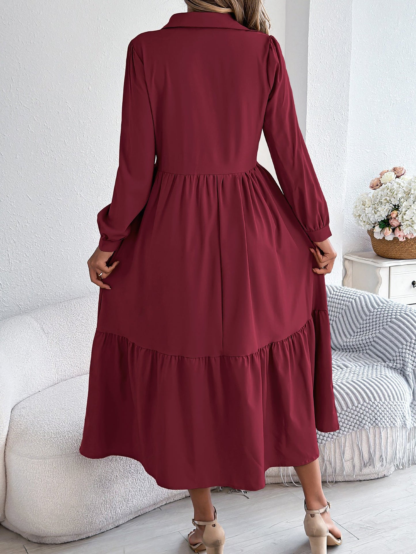 Lapel Button Down Long Sleeves Tiered Shirt Dress