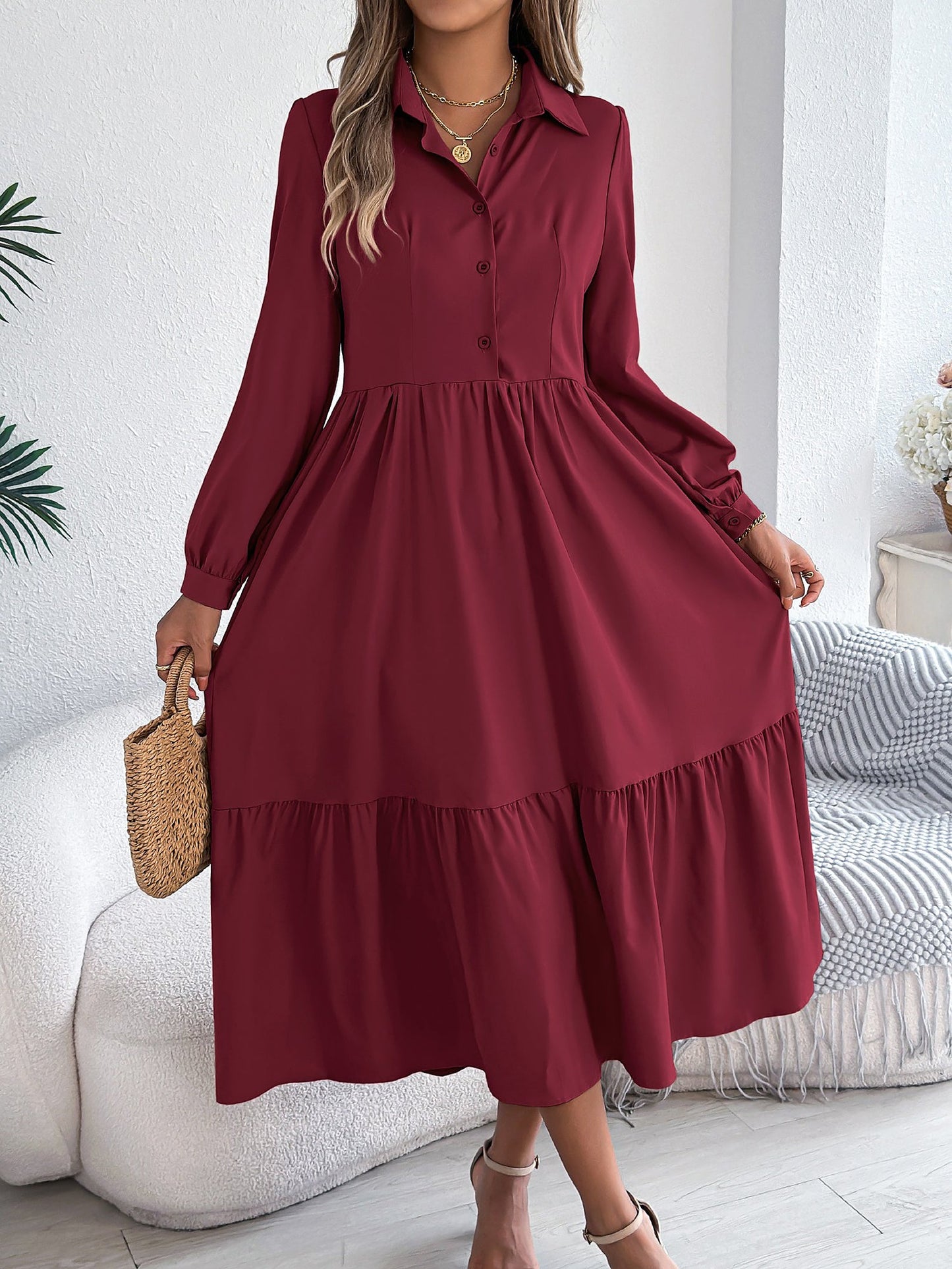 Lapel Button Down Long Sleeves Tiered Shirt Dress