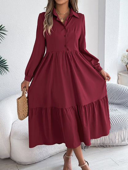 Lapel Button Down Long Sleeves Tiered Shirt Dress