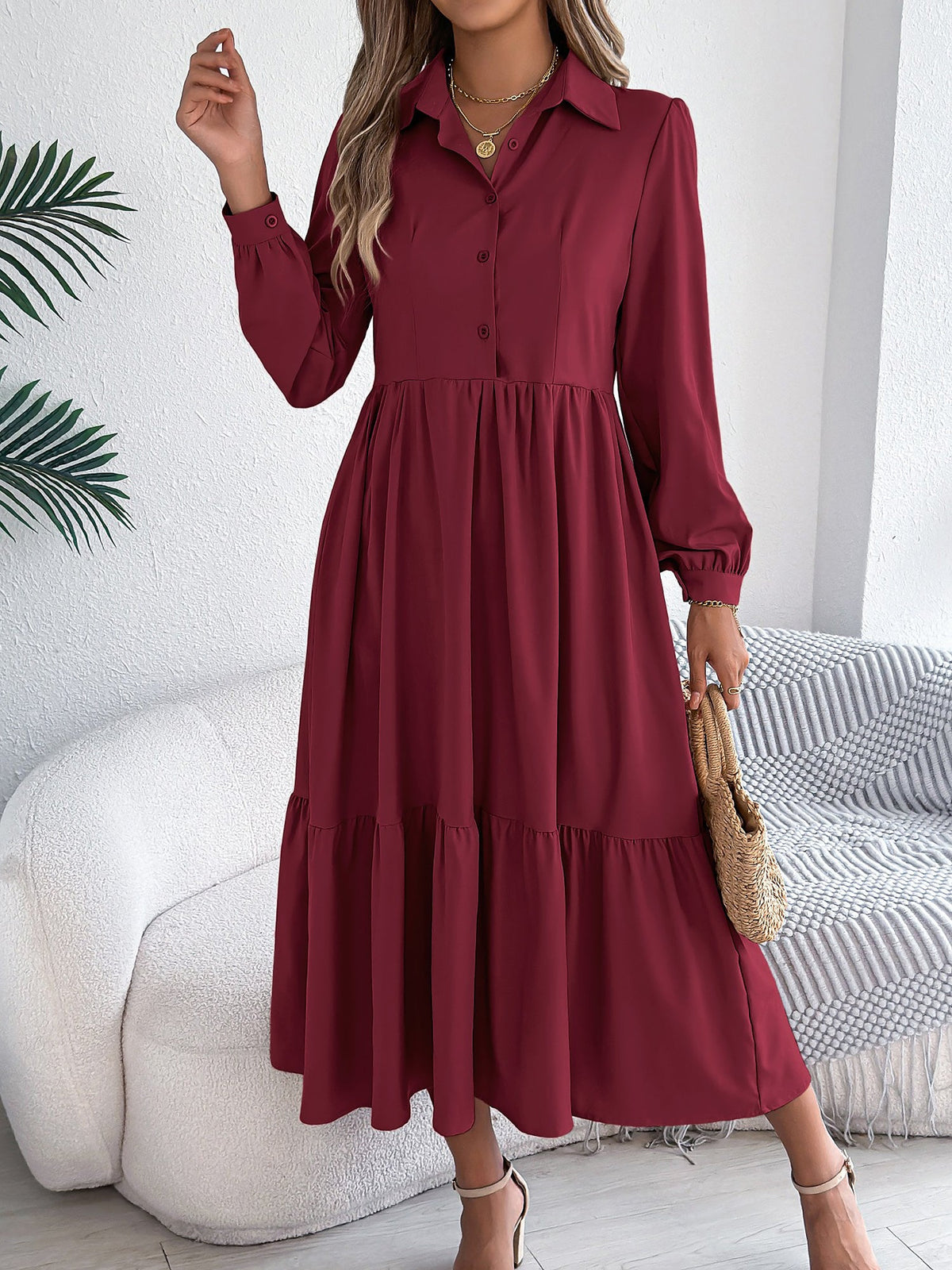 Lapel Button Down Long Sleeves Tiered Shirt Dress