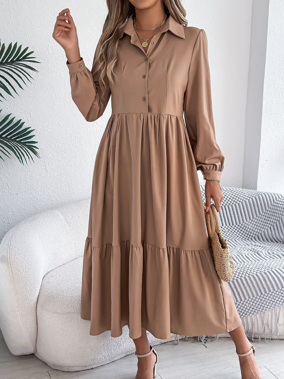 Lapel Button Down Long Sleeves Tiered Shirt Dress