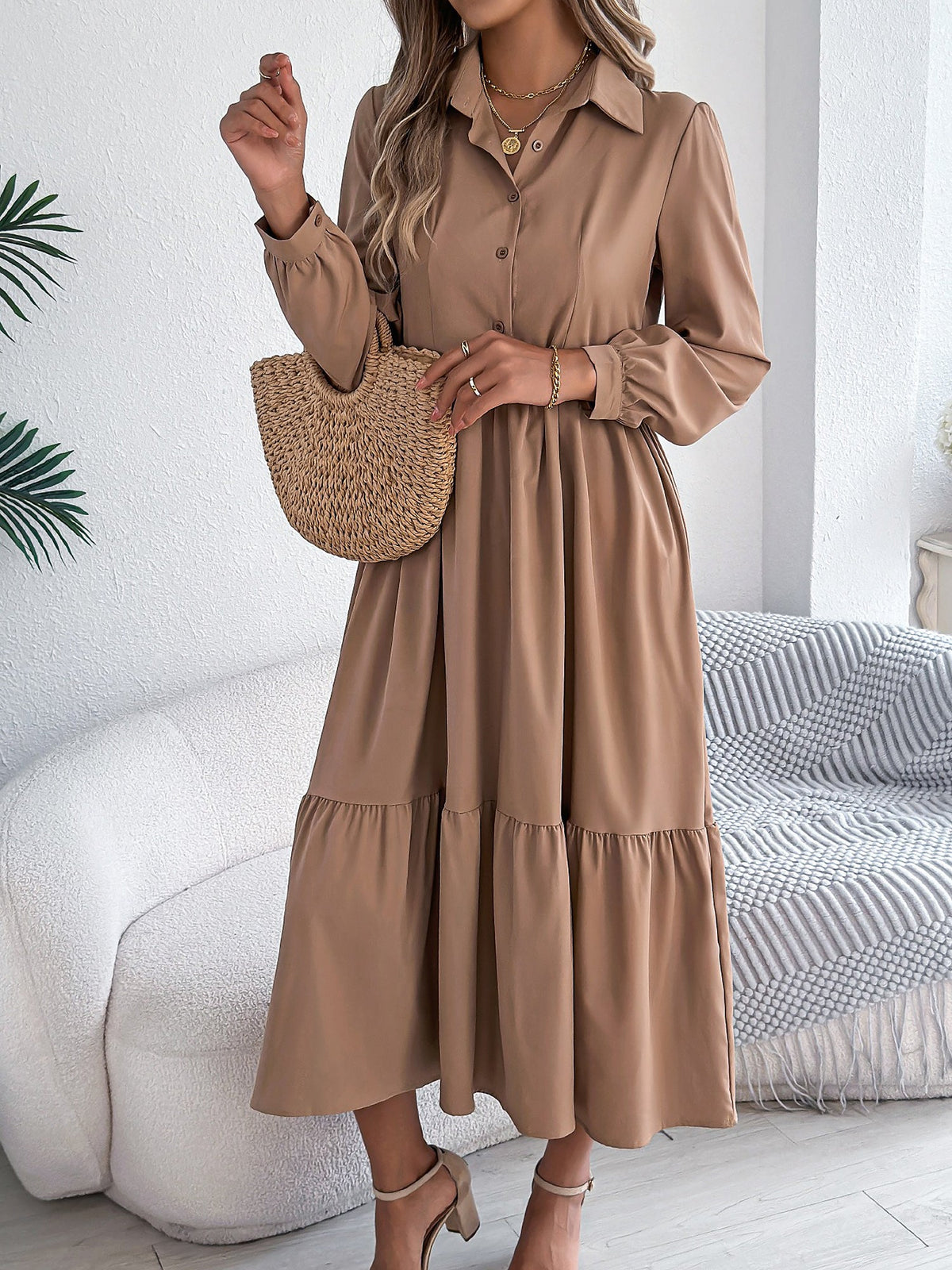 Lapel Button Down Long Sleeves Tiered Shirt Dress