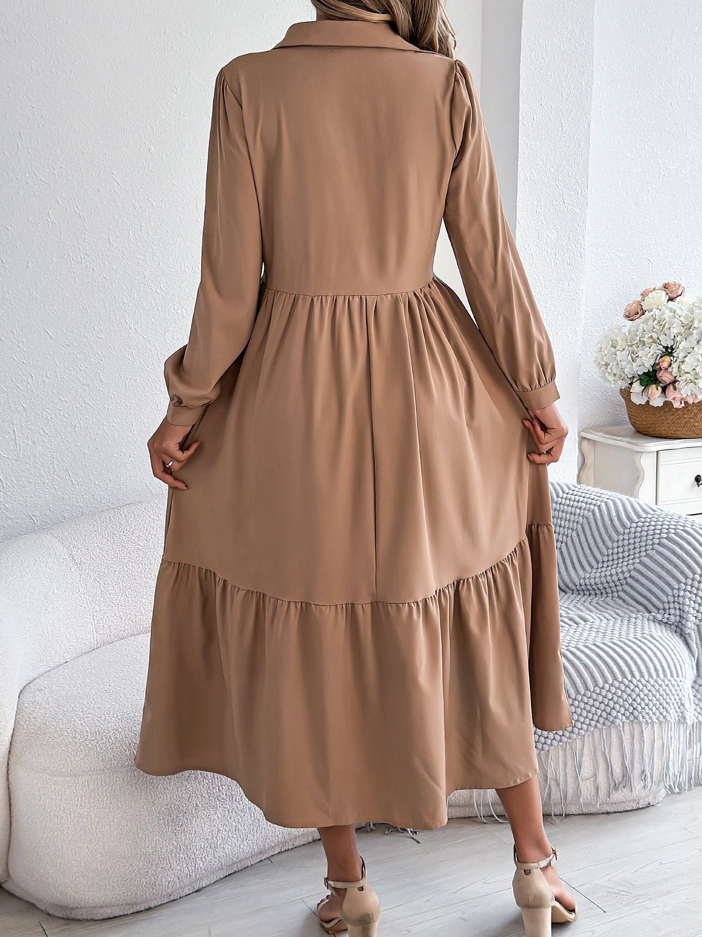 Lapel Button Down Long Sleeves Tiered Shirt Dress