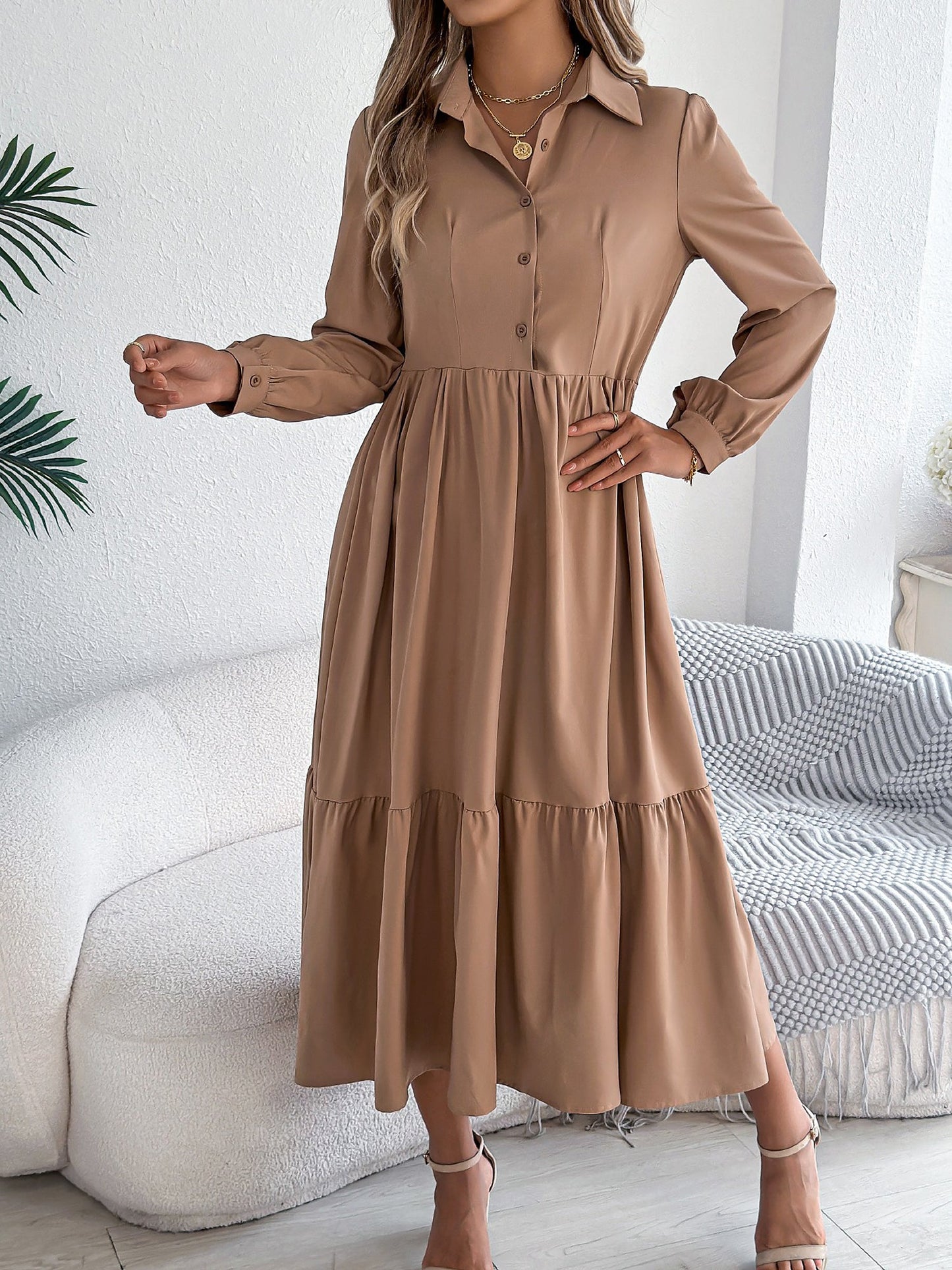 Lapel Button Down Long Sleeves Tiered Shirt Dress