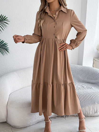Lapel Button Down Long Sleeves Tiered Shirt Dress