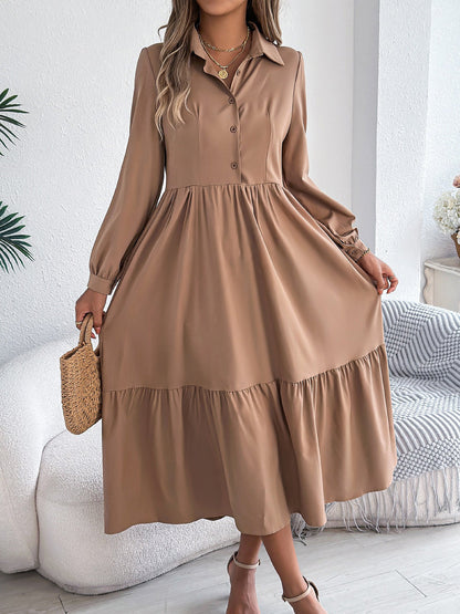 Lapel Button Down Long Sleeves Tiered Shirt Dress