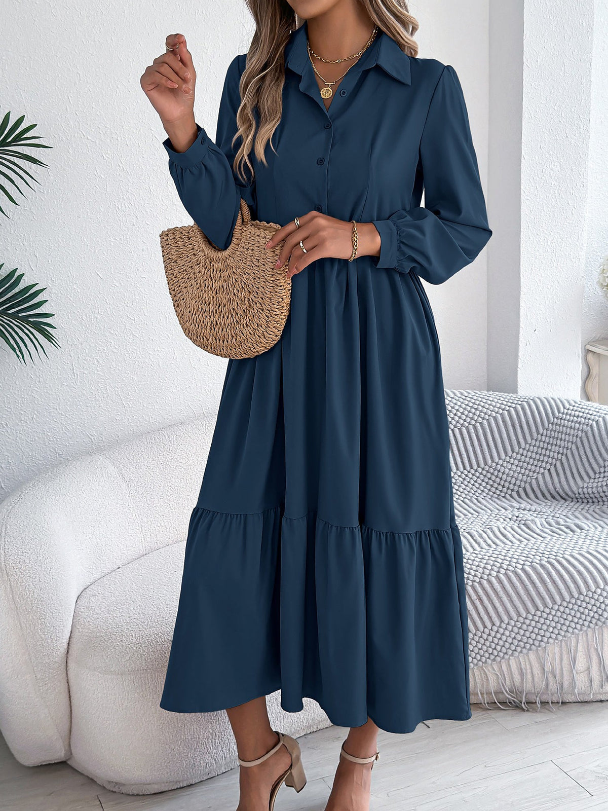 Lapel Button Down Long Sleeves Tiered Shirt Dress