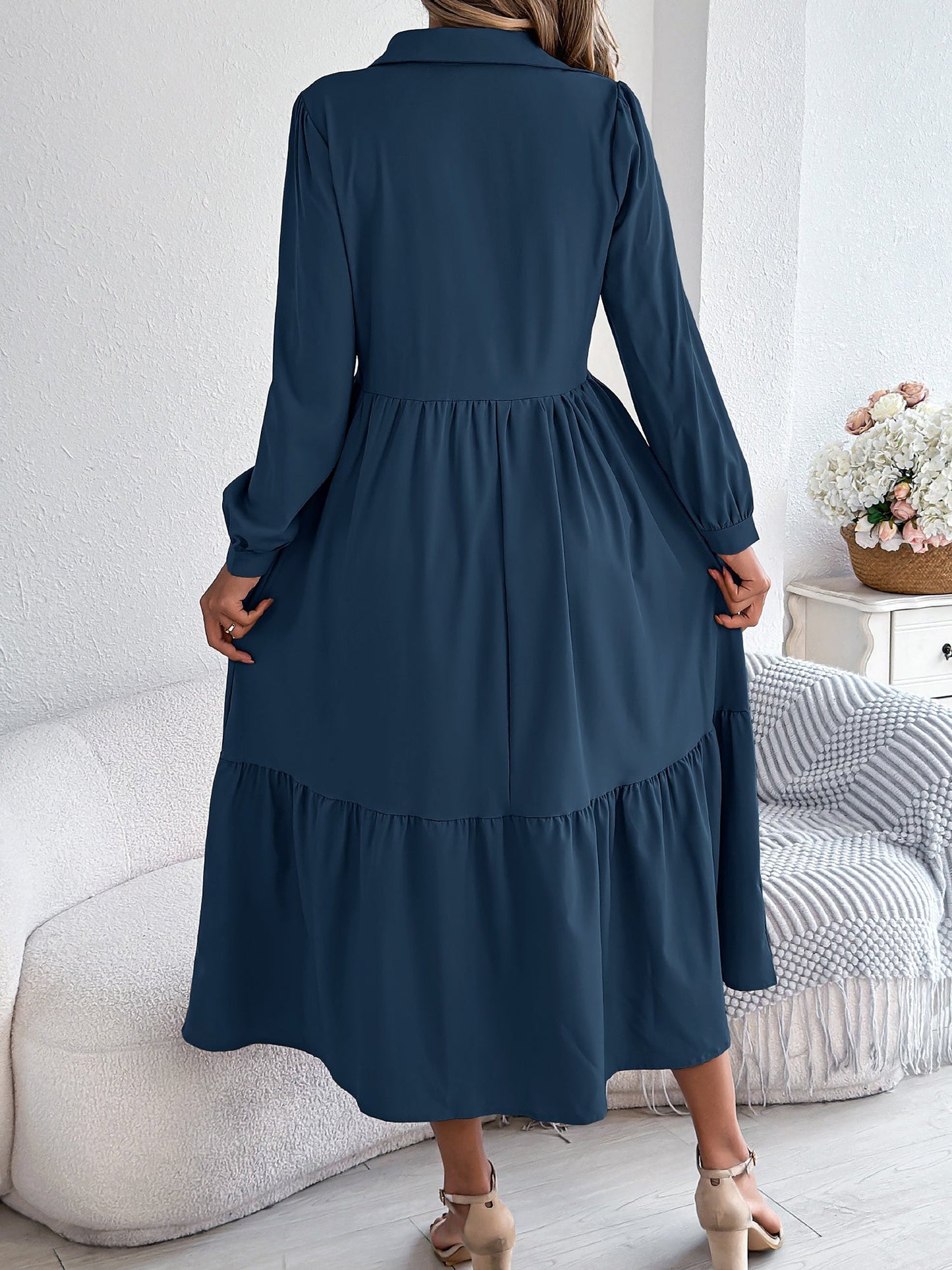 Lapel Button Down Long Sleeves Tiered Shirt Dress
