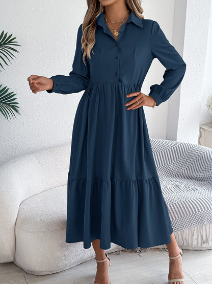 Lapel Button Down Long Sleeves Tiered Shirt Dress