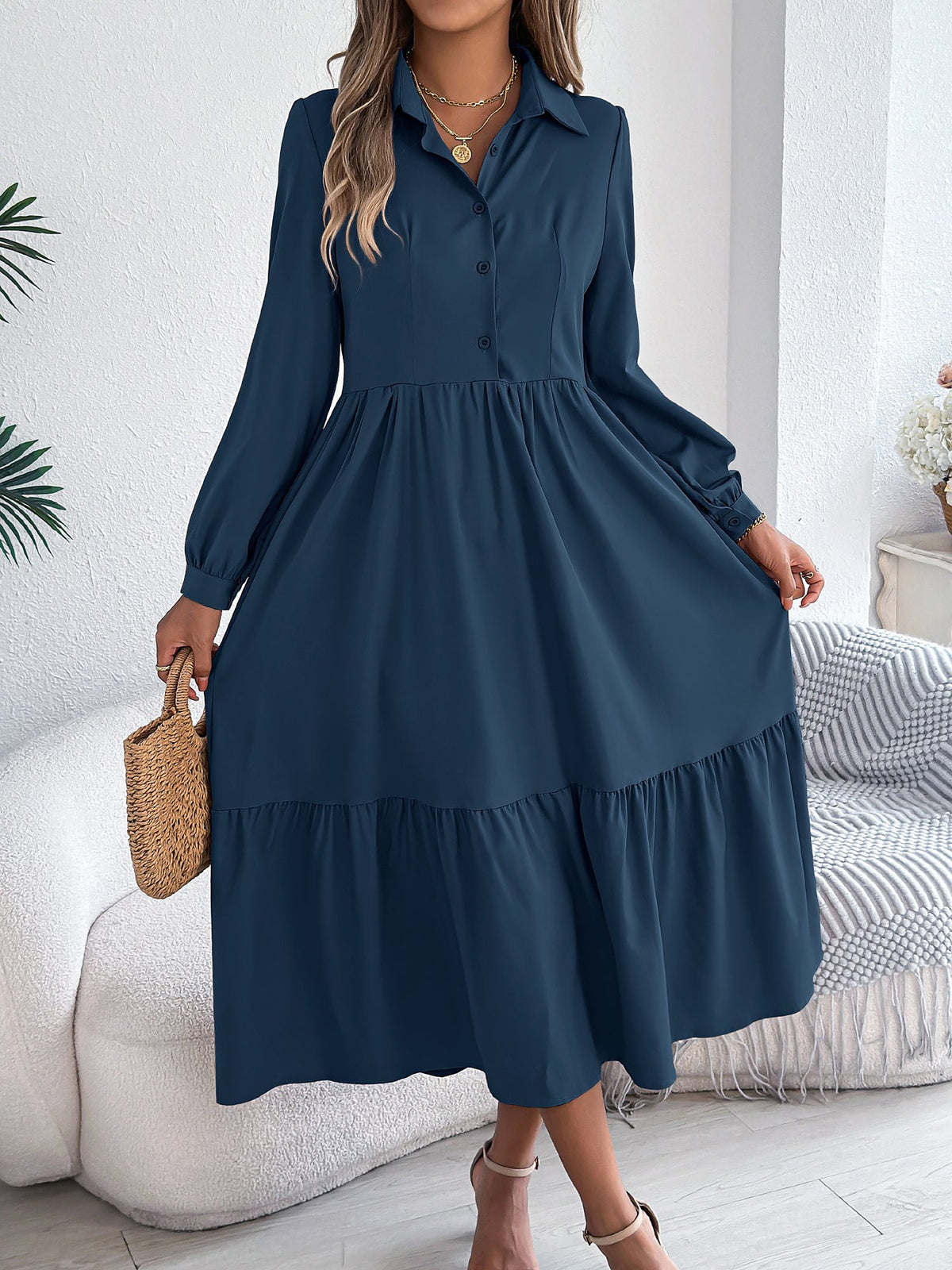 Lapel Button Down Long Sleeves Tiered Shirt Dress