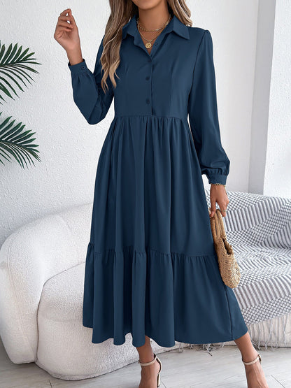 Lapel Button Down Long Sleeves Tiered Shirt Dress