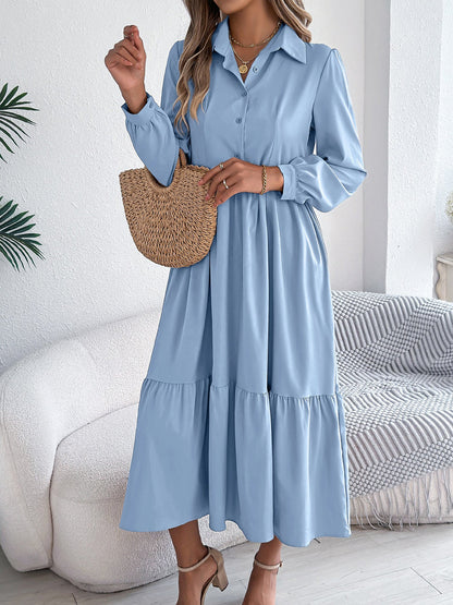 Lapel Button Down Long Sleeves Tiered Shirt Dress