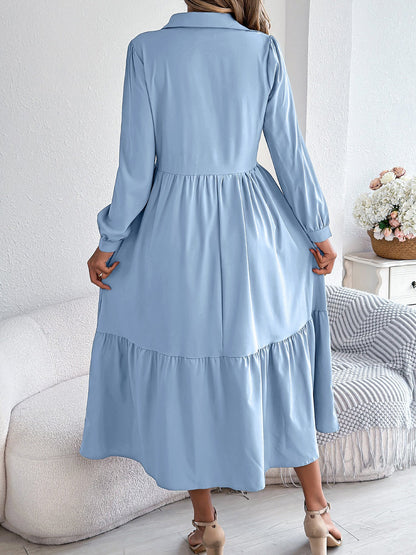Lapel Button Down Long Sleeves Tiered Shirt Dress