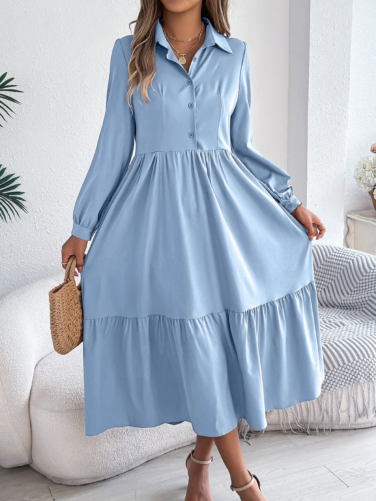 Lapel Button Down Long Sleeves Tiered Shirt Dress