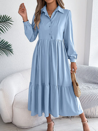 Lapel Button Down Long Sleeves Tiered Shirt Dress