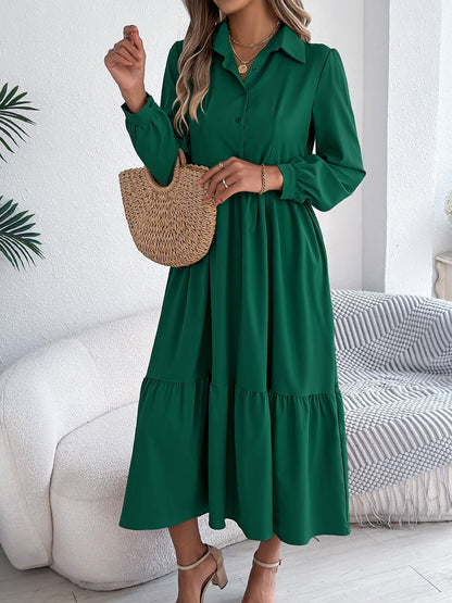 Lapel Button Down Long Sleeves Tiered Shirt Dress
