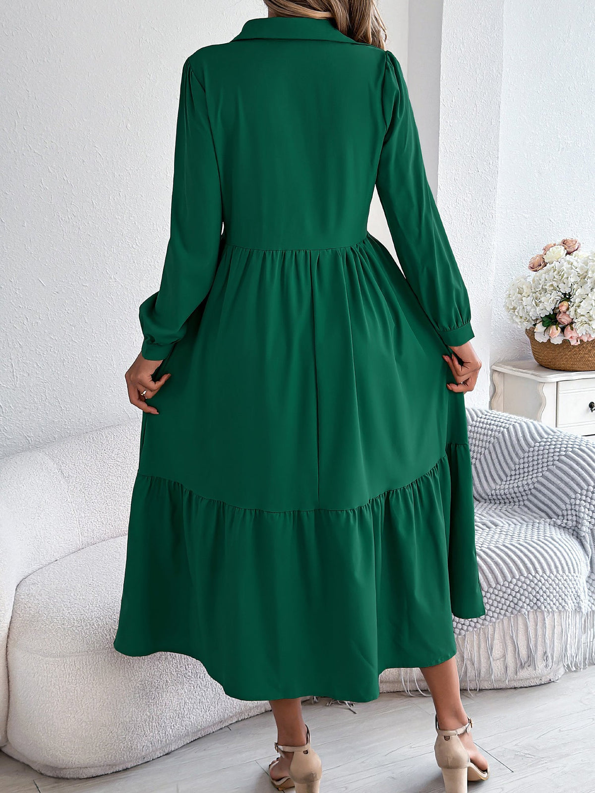 Lapel Button Down Long Sleeves Tiered Shirt Dress