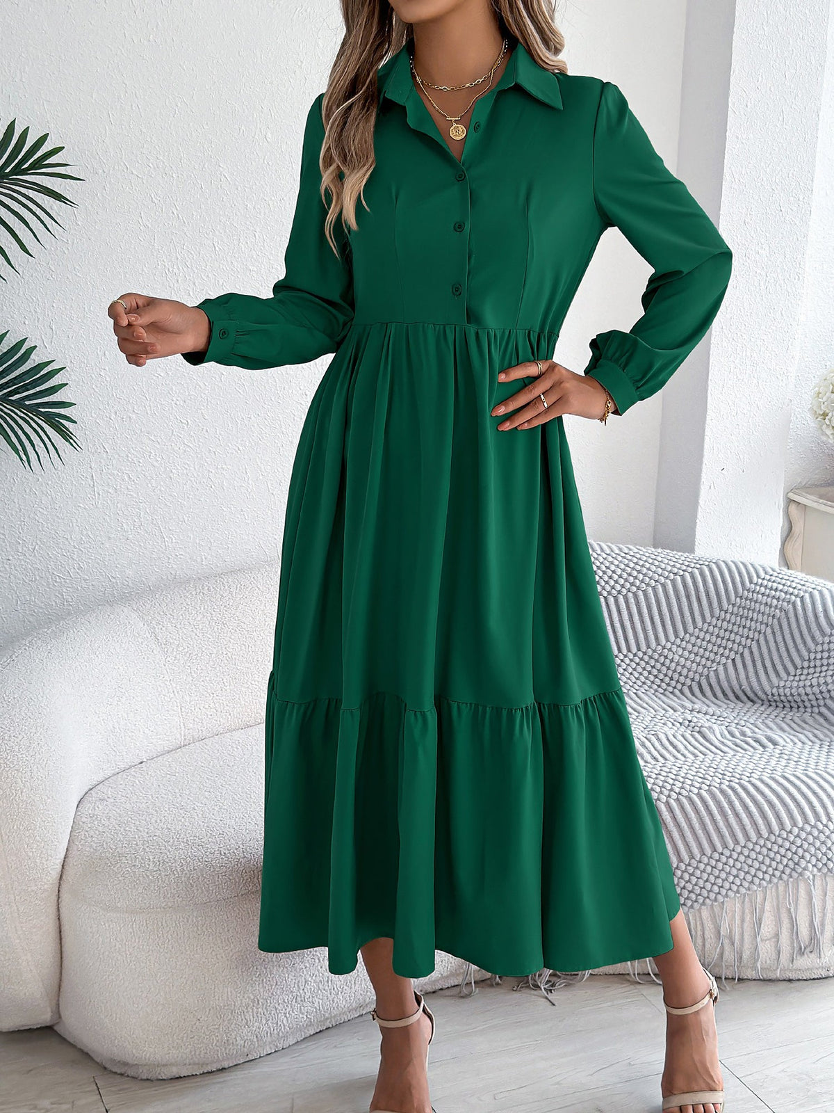 Lapel Button Down Long Sleeves Tiered Shirt Dress