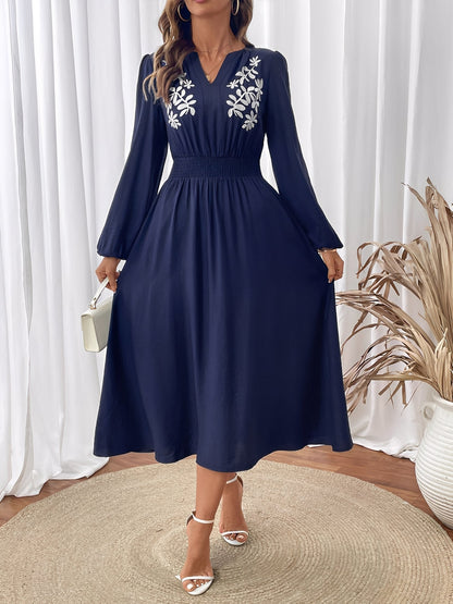 Floral Embroidered Puff Sleeves Smocked A-Line Dress