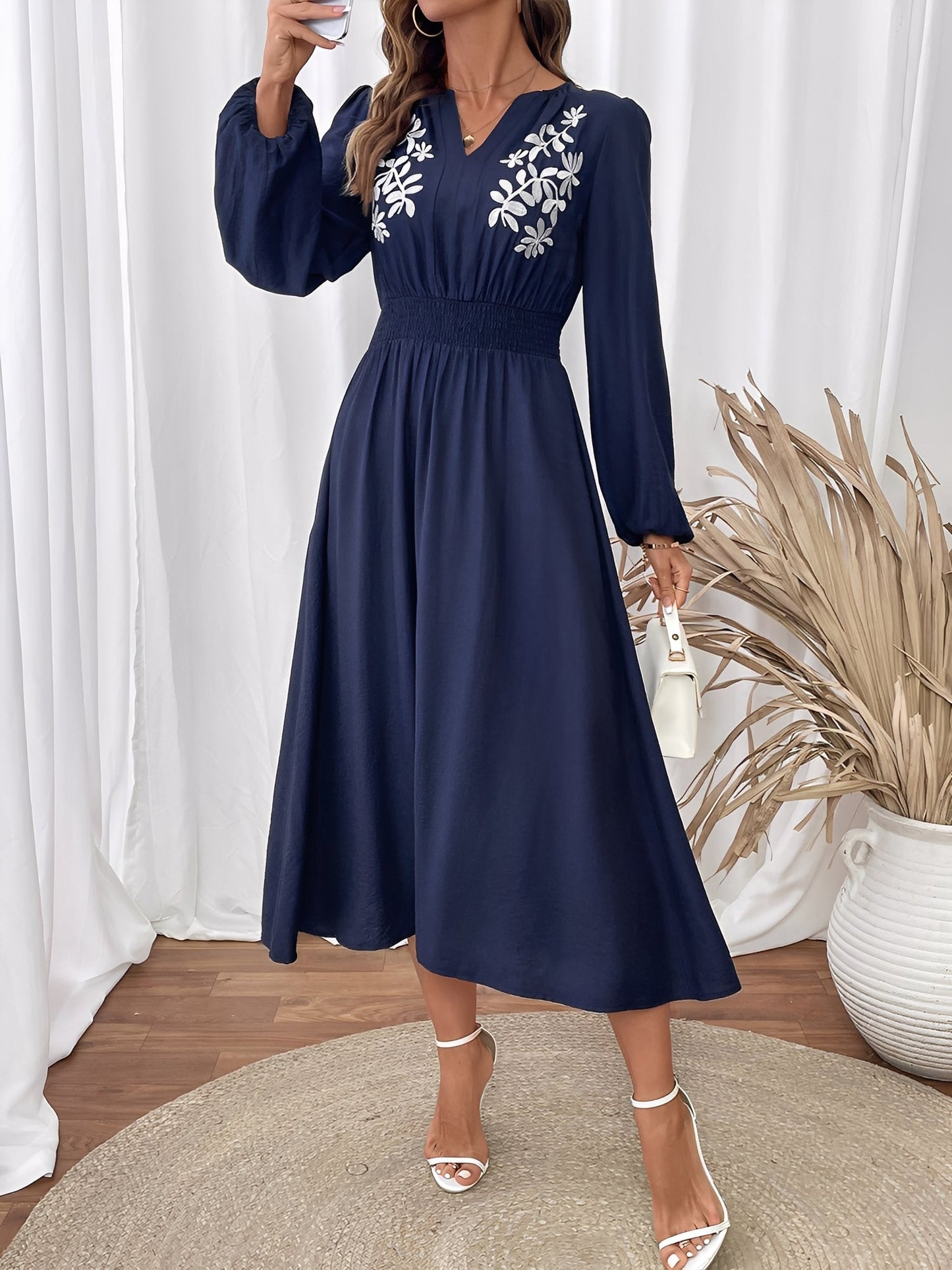 Floral Embroidered Puff Sleeves Smocked A-Line Dress