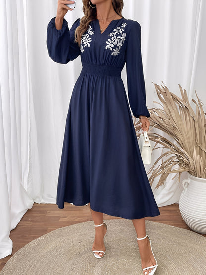 Floral Embroidered Puff Sleeves Smocked A-Line Dress