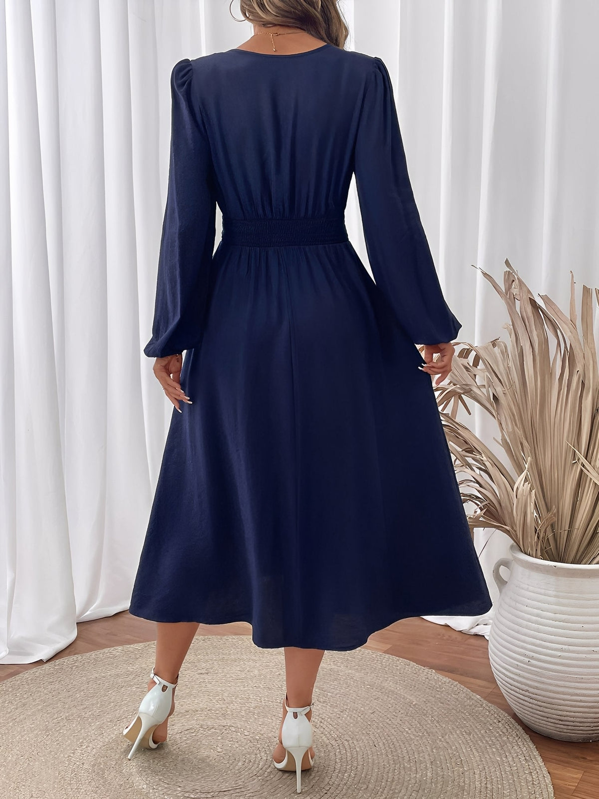 Floral Embroidered Puff Sleeves Smocked A-Line Dress