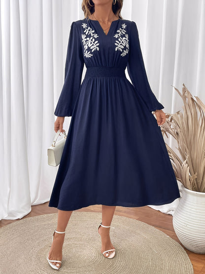 Floral Embroidered Puff Sleeves Smocked A-Line Dress