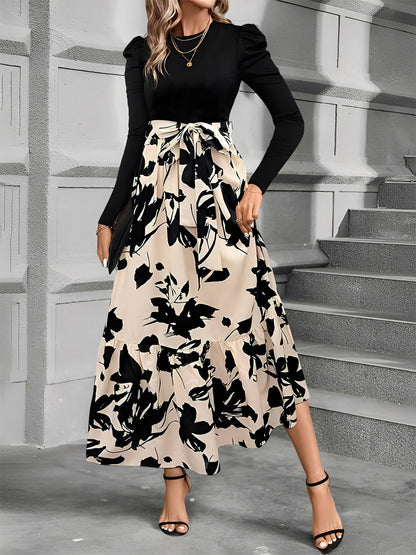 Crew Neck Ruched Sleeves Patchwork Graphic A-Line Tiered Dress