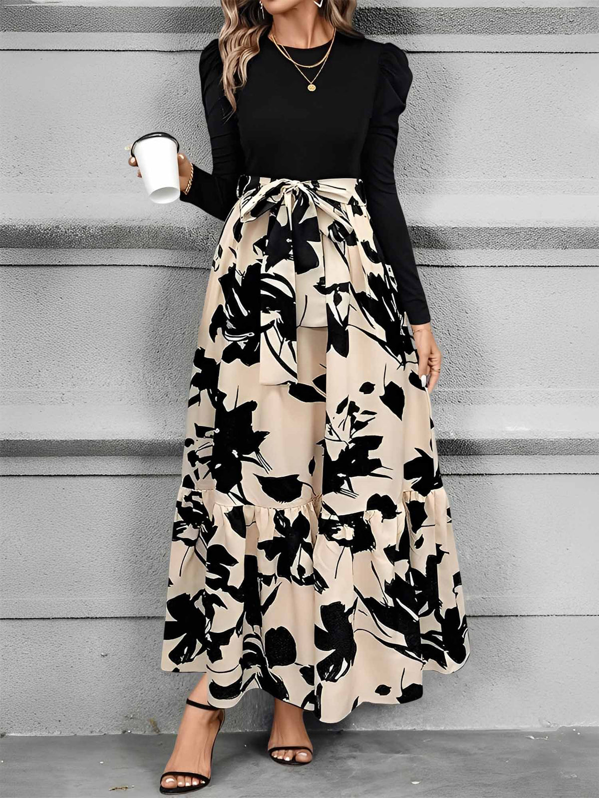 Crew Neck Ruched Sleeves Patchwork Graphic A-Line Tiered Dress