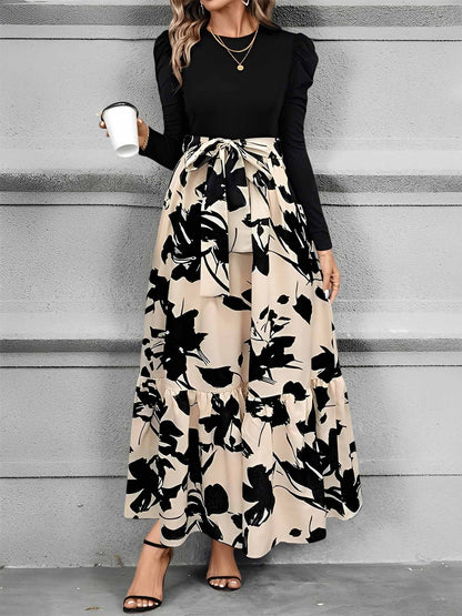 Crew Neck Ruched Sleeves Patchwork Graphic A-Line Tiered Dress
