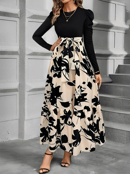 Crew Neck Ruched Sleeves Patchwork Graphic A-Line Tiered Dress